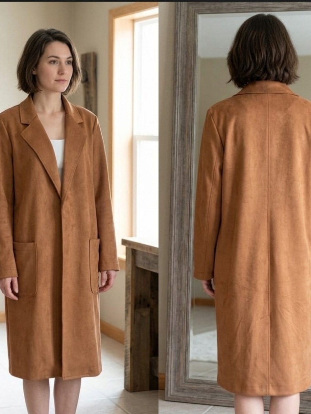 New Faux Leather Long Coat L Sienna Brown Open Front Washable Suede